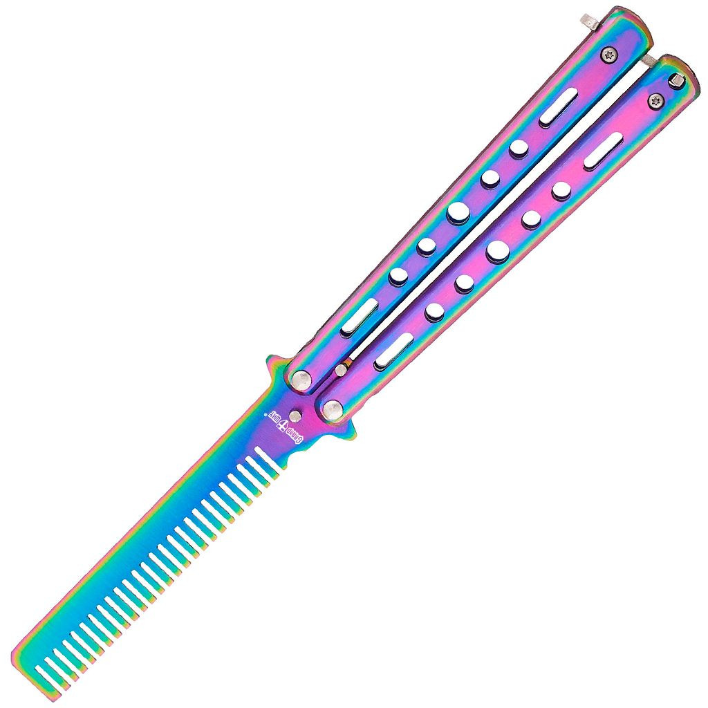 Нож бабочка тренировочный, тупой (не острый) расческа 1090 градиент, разноцветный